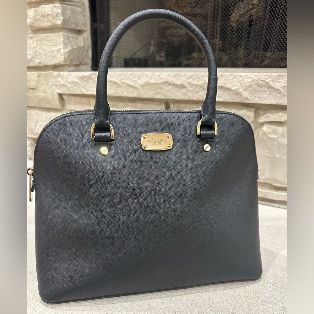 Michael Kors Cindy Black Saffiano Leather Large Domed Satchel Purse
